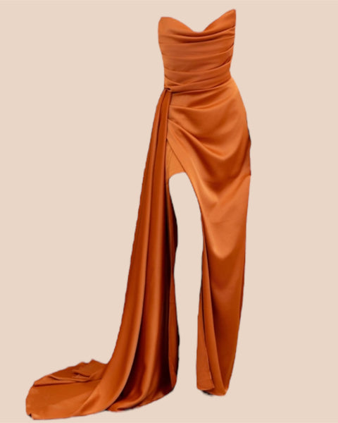 Robe majestueuse orange bustier en satin