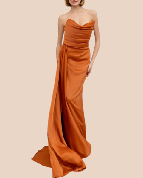 Robe majestueuse orange bustier en satin