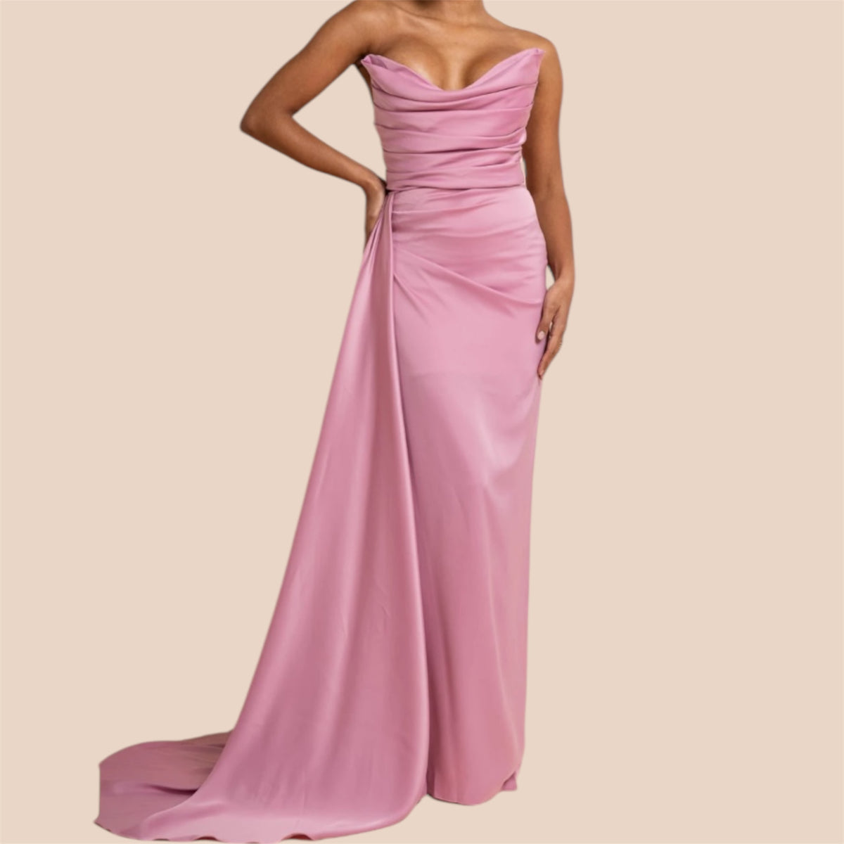 Robe majestueuse rose bustier en satin