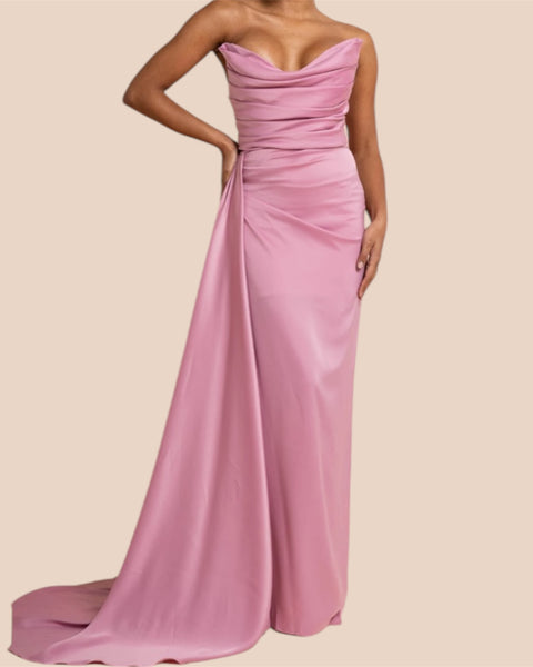 Robe majestueuse rose bustier en satin