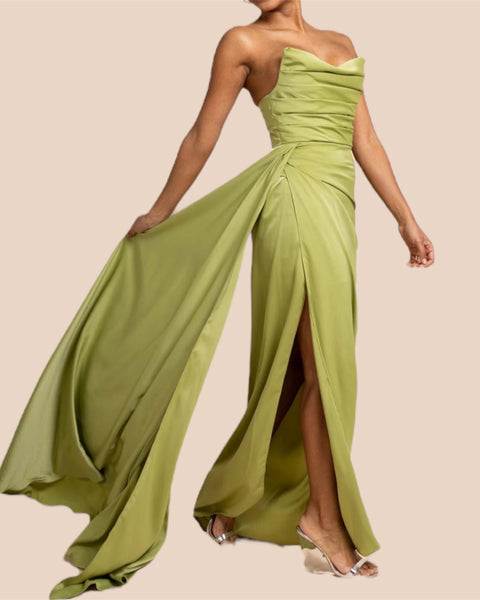 Robe majestueuse vert olive bustier en satin